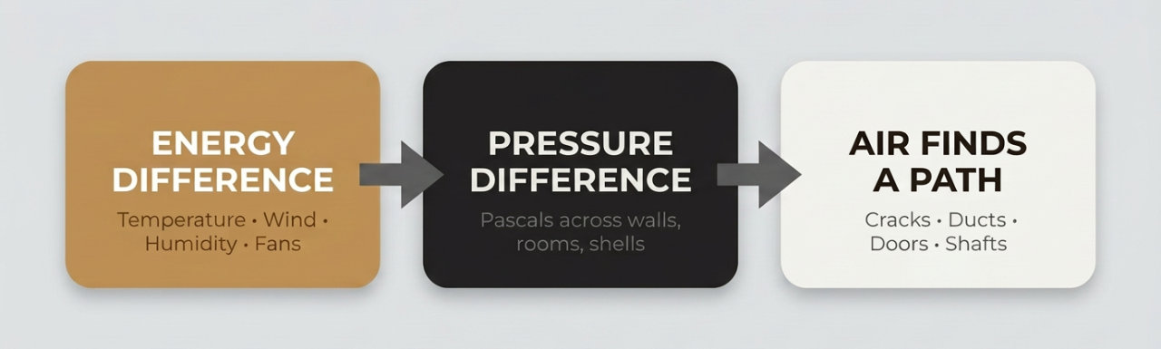 Diagram showing the three drivers of pressure imbalance: energy difference, pressure difference, and air finding a path