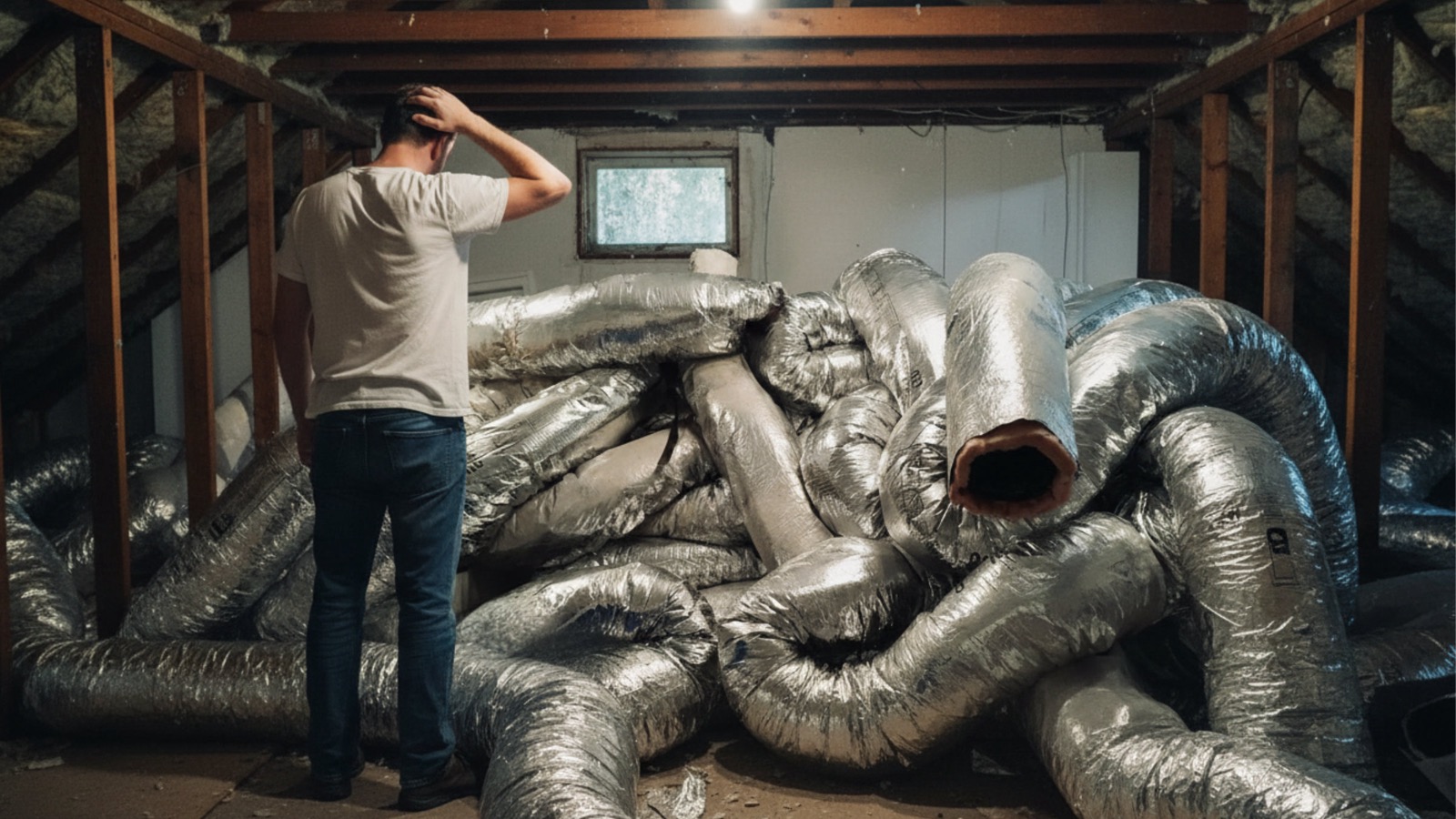 Rigid metal ductwork and flexible ductwork side by side in an attic installation
